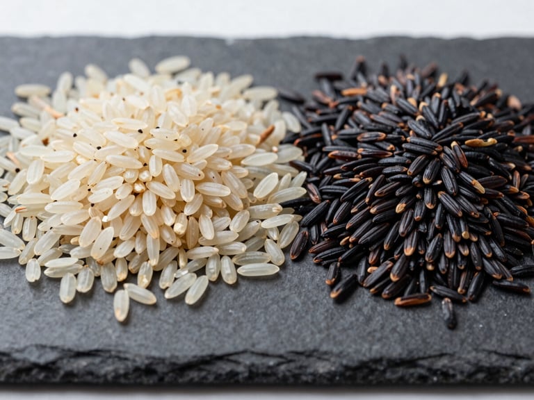 Macro photograph of sorted raw rice grains, Sona Masoori and black rice side by side on a dark slate surface, bright natural industrial lighting, sharp focus, 35mm.