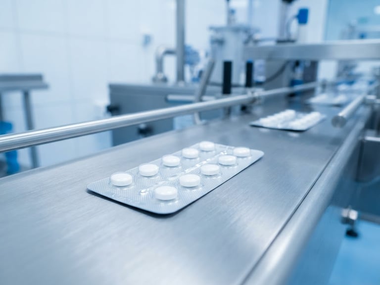 Macro shot of sterile pharmaceutical blister packs on a stainless steel conveyor line, bright high-key clinical light, sterile blue and white tones, sharp focus, 35mm