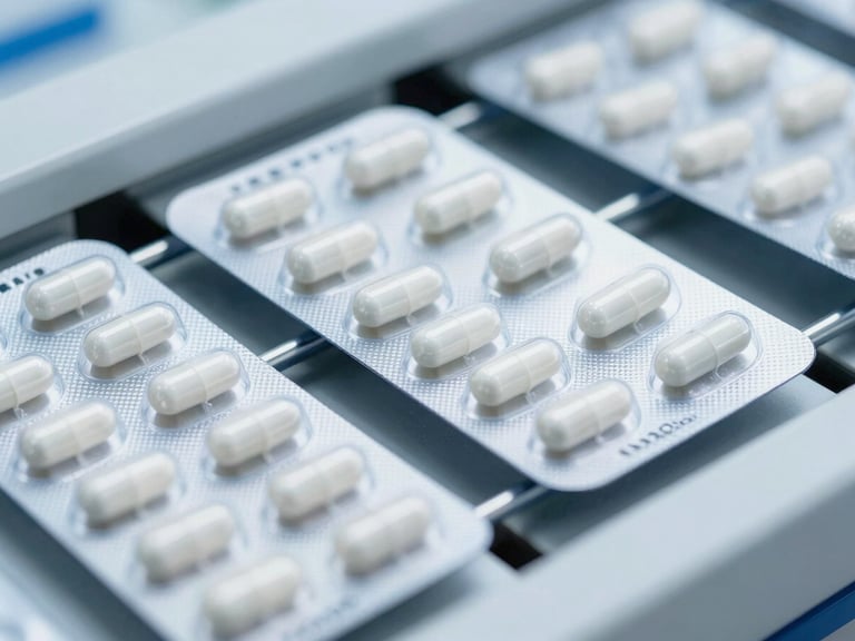 Automated blister packaging line sealing capsules into silver foil under bright clinical lighting.