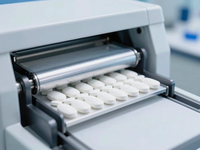 Close-up of a modern high-speed tablet press machine compressing white clinical tablets in a sterile facility.
