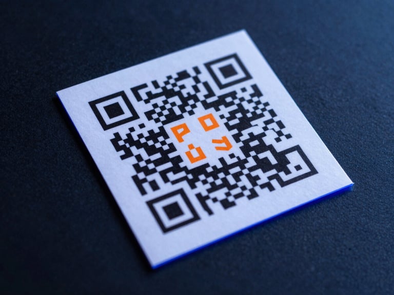 Overhead studio shot of a printed area-announcement flyer with a bold QR code centered, placed on a dark navy surface, cool royal-blue rim light along the edges, warm orange accent highlight on the QR code detail, fine paper texture visible