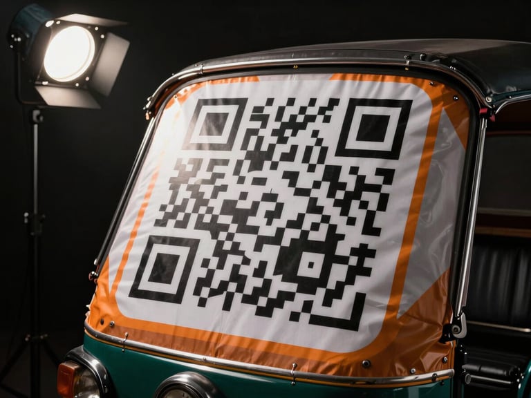 Close-up 45-degree overhead shot of a QR-printed banner wrapped around the back of an auto-rickshaw, studio strobe key light from upper left casting dimensional shadow, orange geometric glow framing the QR code, deep black backdrop, material texture of the vinyl print visible