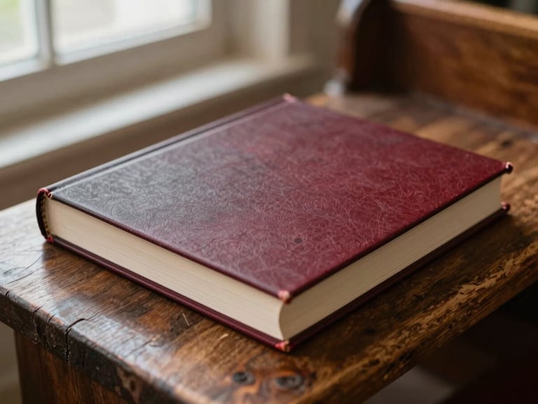 A close-up of a high-quality physical book cover with deep crimson and charcoal tones, resting on a rustic wooden pew, soft natural window light, shallow depth of field, 35mm