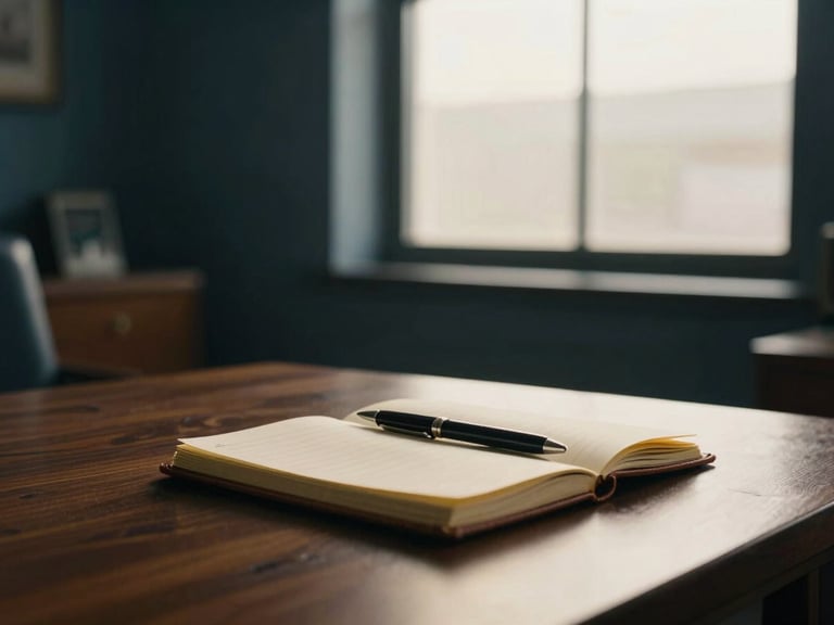 Cinematic wide shot of Dr. Solari's consulting room, warm window light illuminating a leather notebook and pen on a dark wooden table, shallow depth of field, 35mm.