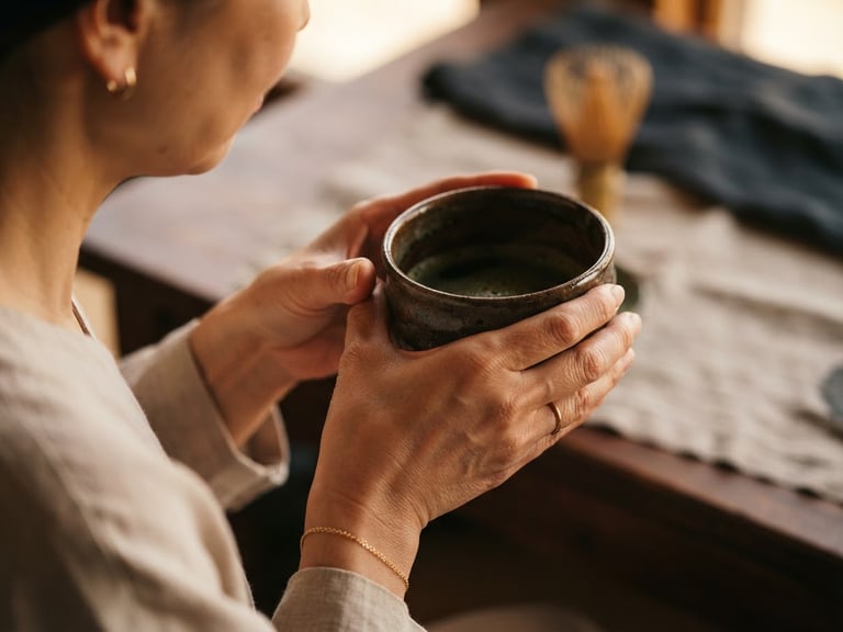 Warm, close-up shot of hands holding a traditional tea cup, subtle gold jewelry, soft natural daylight, shallow depth of field, warm editorial photography.