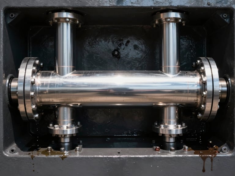 Close-up of a massive double-acting hydraulic cylinder, polished chrome shaft reflecting harsh sunlight, thick steel mounting brackets, industrial grease, high contrast