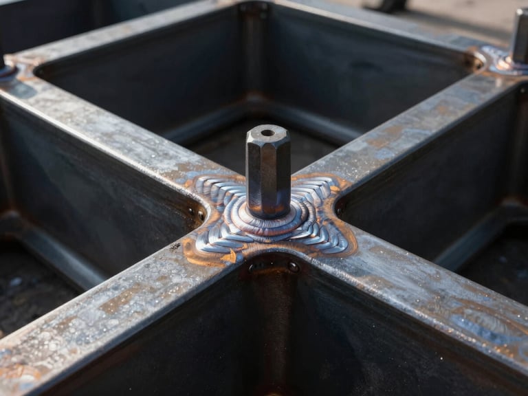 Macro shot of structural steel weld on a heavy industrial chassis, deep charcoal metallic paint, precise weld beads, high contrast, dramatic lighting