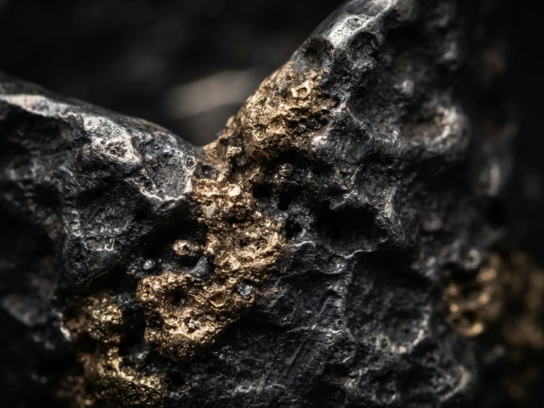 Extreme macro close-up of textured raw gold and dark silver metal, dramatic gallery spotlight, deep shadows, Hasselblad 80mm photography