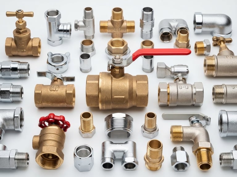 Bright high-key product photography of heavy-duty brass valves and chrome plumbing fittings, clean white background, crisp metallic reflections, sharp focus