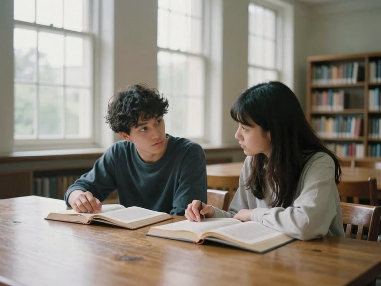 Candid medium shot of two students debating over open books at a wooden table in a sunlit, historic campus library, soft natural light, 35mm film aesthetic