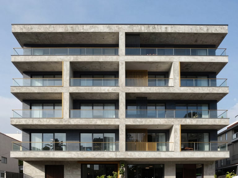 Wide architectural photograph of a modern residential building in Bogotá under bright natural daylight, clean sharp focus, showing structural details and concrete textures, 35mm lens.