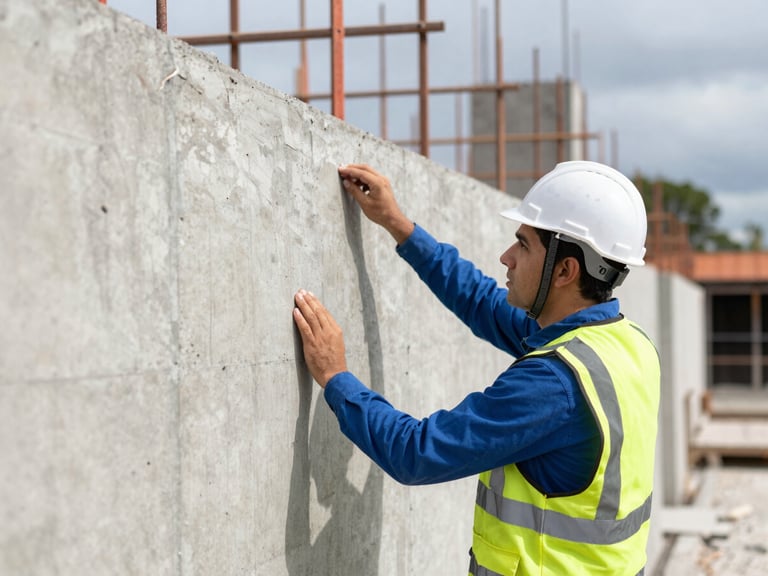 An active civil engineering site in Colombia, a professional engineer in a white hardhat and safety vest inspecting a structural concrete wall, bright daylight, sharp focus.