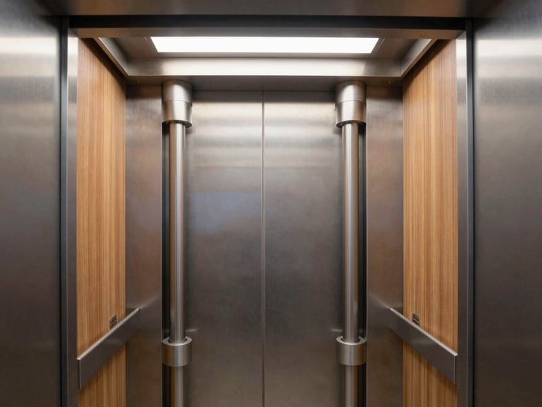 Architectural cross-section of a modern residential elevator shaft showing mechanical guide rails and hydraulic pistons, clean industrial lighting