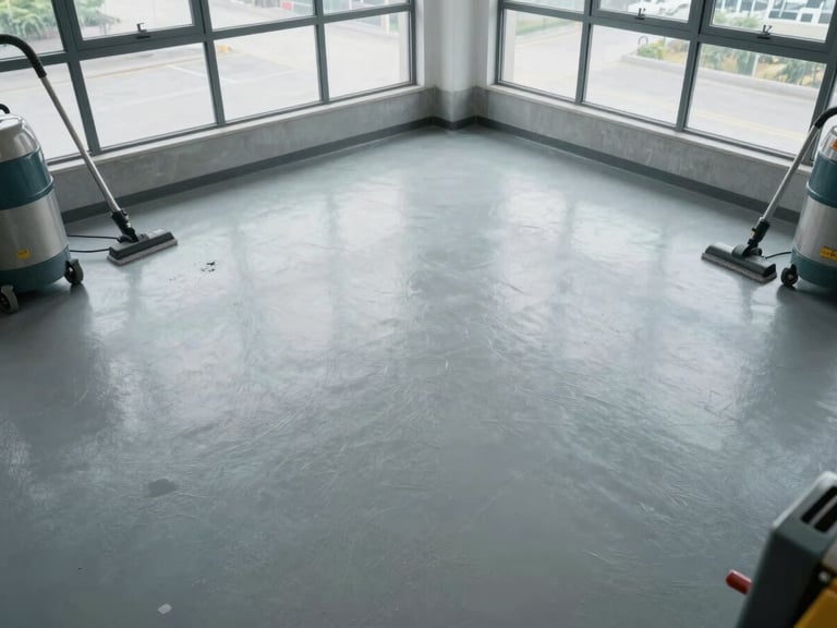Overhead view of a freshly cleaned commercial floor, industrial vacuum and mop equipment visible at the edge, natural daylight through tall windows, cool overcast light, empty space showing the result of systematic work
