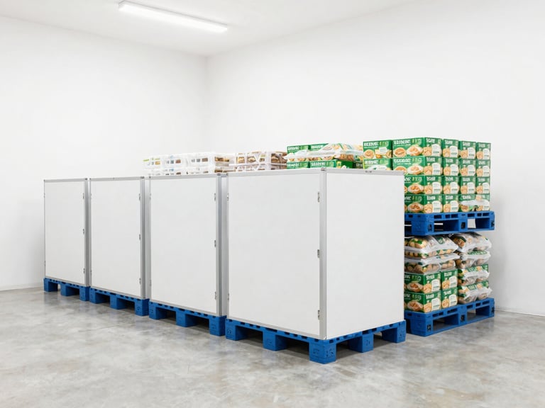 Clean commercial cold storage warehouse with organized pallets of food products, pristine concrete floors, bright crisp lighting