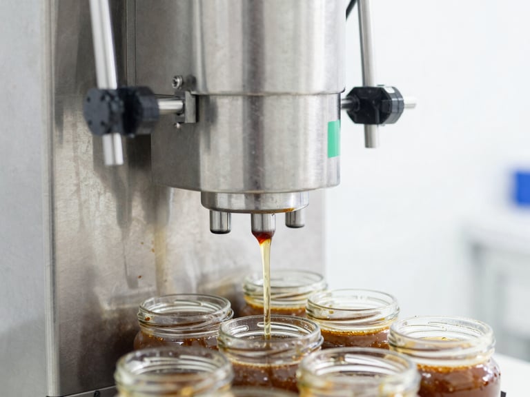 Macro shot of a stainless steel automated liquid filling machine depositing clean sauce into glass jars, high-key lighting, sterile commercial environment