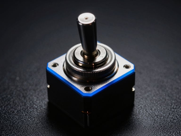 Macro studio photograph of a physical mechanical toggle switch, high-contrast low-key lighting with a sharp electric-blue rim light, deep shadows.