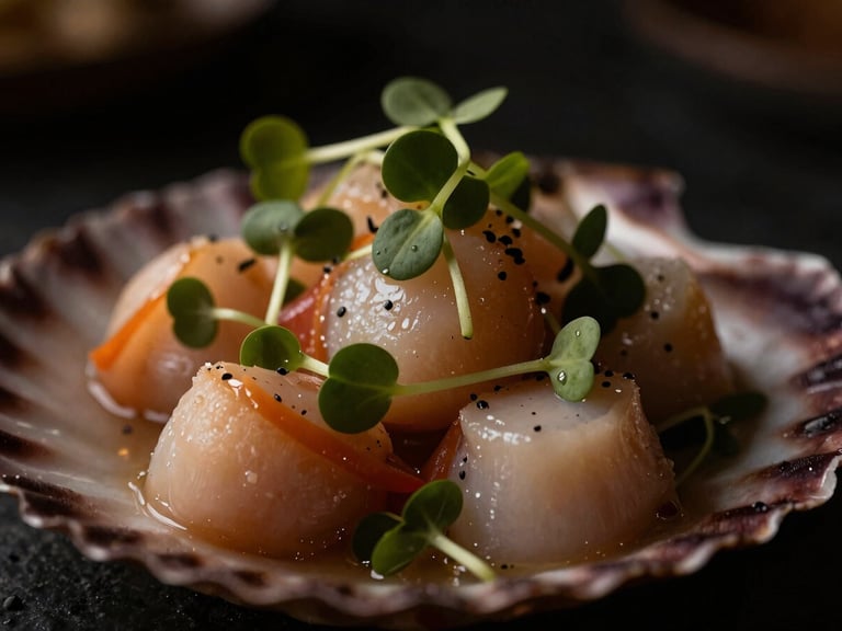 Extreme close-up of a delicate scallop ceviche with microgreens, dramatic side-lighting, dark background, rich warm tones, shallow depth of field.