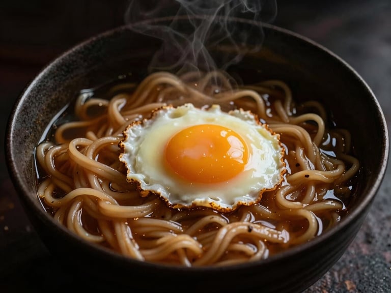 Overhead shot of a steaming bowl of ramen with a perfectly cooked egg, dramatic side-lighting, dark background, rich warm tones, macro lens.