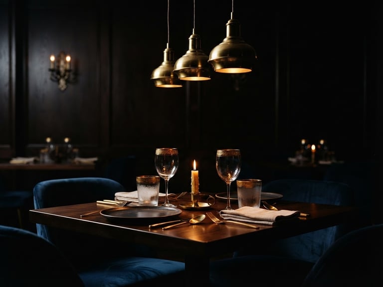 Moody shot of an empty, elegant dining room under low hanging pendant lights, warm brass accents, dramatic side-lighting, deep dark backgrounds, rich warm tones, shallow depth of field