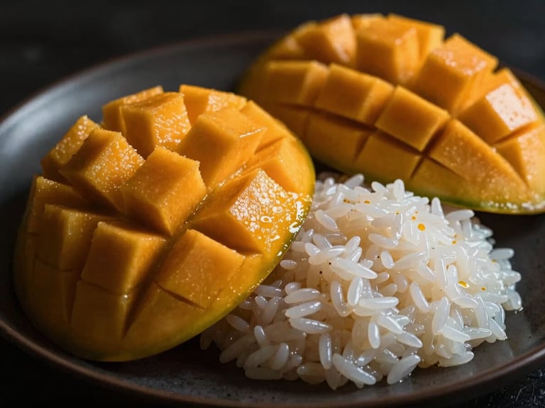 Close-up of a deconstructed mango sticky rice dessert, elegant plating, dramatic side-lighting, dark background, rich warm tones.