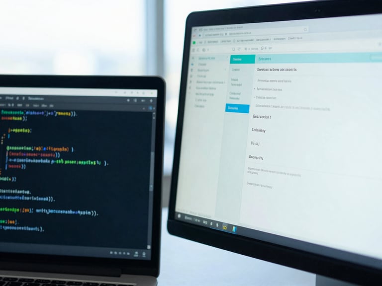 Close-up of clean code on a dark monitor next to a bright tablet displaying a CRM dashboard, bright natural office daylight, shallow depth of field, cool blue tones.