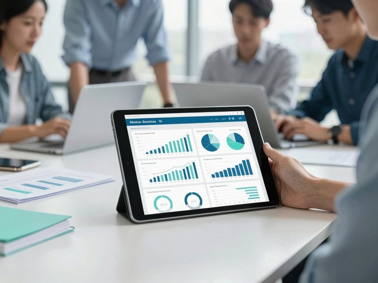 Organized financial and marketing dashboards on a tablet resting on a white desk, collaborative team huddle blurred in the background, bright natural daylight, cool corporate blue and mint tones.