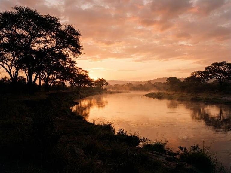 Wide-angle panoramic view of the Kafue River at sunrise, mist rising from the calm water, silhouettes of acacia trees against a dusty ochre sky, low-angle natural light, 35mm film style.