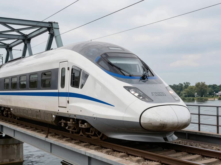 Close-up of a high-speed regional train crossing the Oder river bridge between Germany and Poland, industrial steel structure, overcast natural daylight.