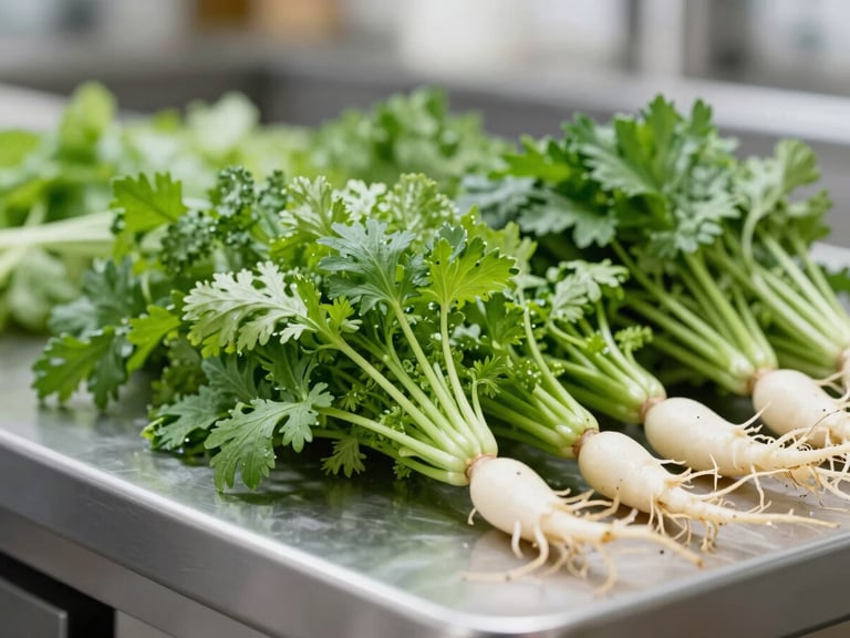 A professional kitchen counter with fresh, vibrant green herbs and leaves with clean white roots, sharp macro focus