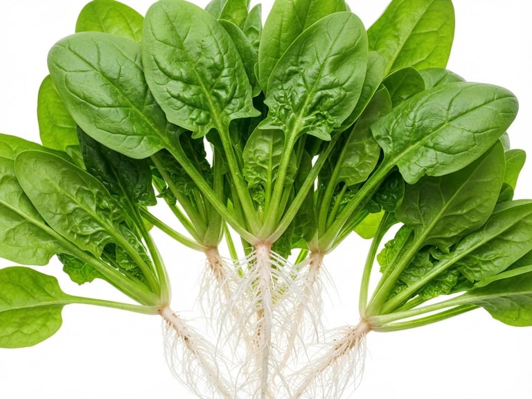 Macro shot of vibrant green spinach leaves with clean, soil-free white roots clearly visible, bright clinical greenhouse lighting, crisp white background, sharp focus