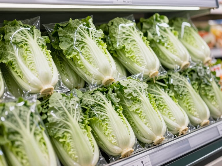 A clean modern supermarket display of packaged green leafy vegetables with roots intact, bright clinical light