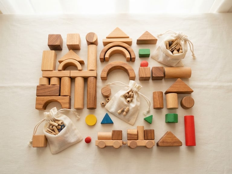 Bright overhead flatlay of beautifully arranged wooden toy blocks and linen pouches on a clean cream surface, soft natural daylight, shallow depth of field