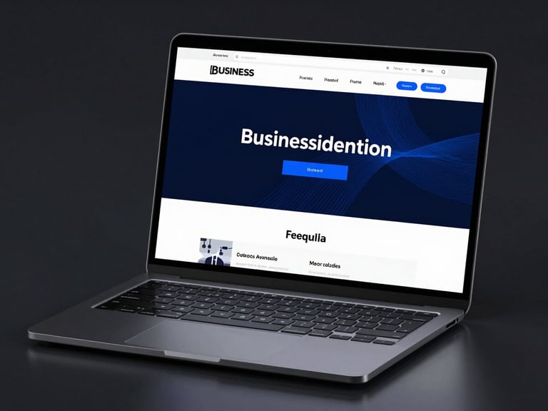 A high-fidelity mockup of a modern business website displayed on a sleek, dark-brushed metal laptop, crisp studio lighting, electric blue accents glowing on screen, clean dark background
