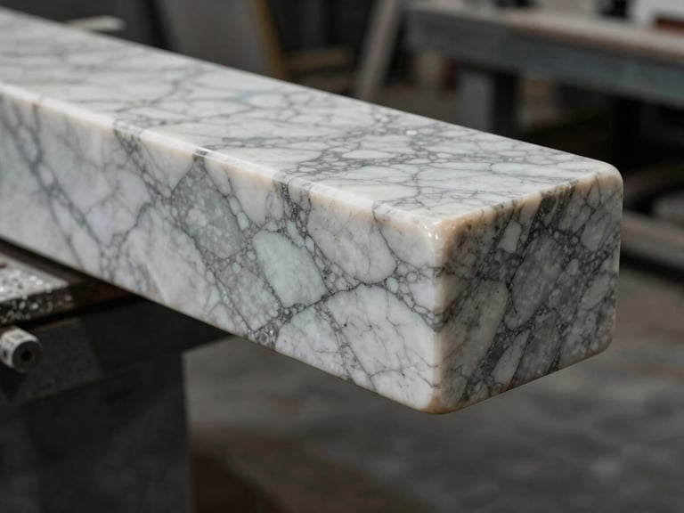Macro detail shot of a perfectly polished marble edge, showing continuous vein matching, dramatic side-lighting, high contrast, industrial workshop environment.