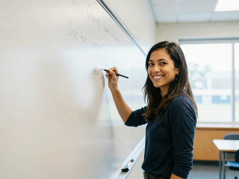 Approachable environmental portrait of an educator writing on a dry-erase board in a bright Washington County classroom, natural overcast daylight, soft focus