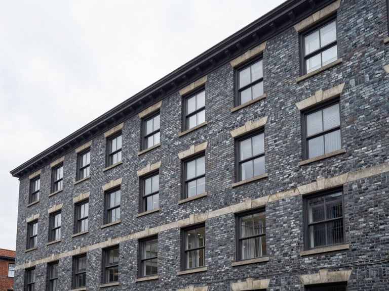 Architectural photography of a classic brick apartment building with newly restored masonry, crisp overcast daylight, cool slate tones, sharp focus.
