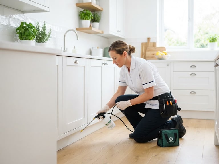 Professional pest control technician in a clean white uniform applying eco-friendly treatment in a bright modern kitchen, high-key natural daylight, crisp and clinical