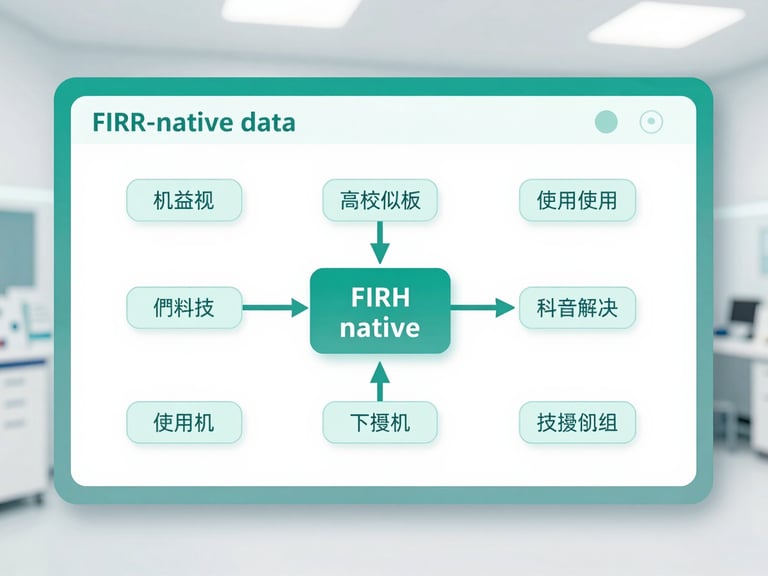 High-fidelity software interface diagram showing FHIR-native data pathways, sterile white background, soft teal accents, 35mm