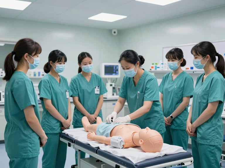 Wide shot of a modern clinical simulation lab, nursing students in clean teal scrubs observing an instructor demonstrating patient care on a high-fidelity mannequin.