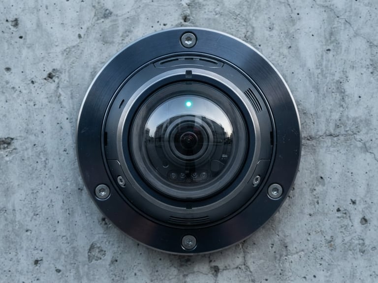 Macro shot of a high-tech dome security camera with metallic casing, clean mounting on a concrete wall, cool daylight, cyan status light reflecting on glass lens