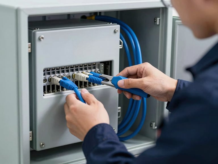 Technician in uniform neatly routing a blue cable inside a security central box, clean hands, precise tools, close-up shot