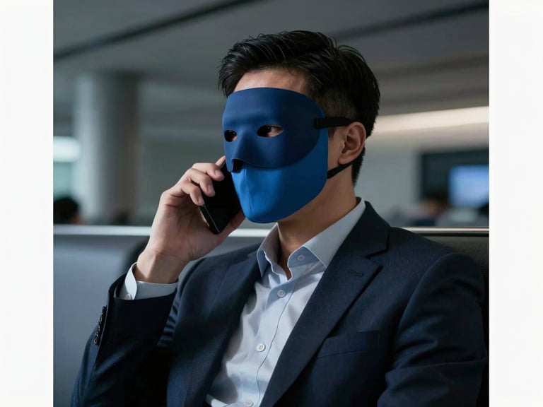 Executive in a business lounge or airport, wearing a Silent Mask, discreetly making a call, low-key dramatic lighting, deep blue and steel-grey tones. No visible branding.