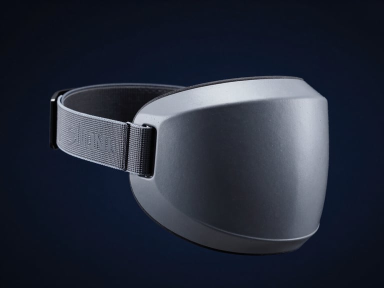 Industrial product photography of the Silent Mask wearable device, showcasing the ergonomic design and secure strap mechanism, dramatic side-lighting, cool steel-grey tones