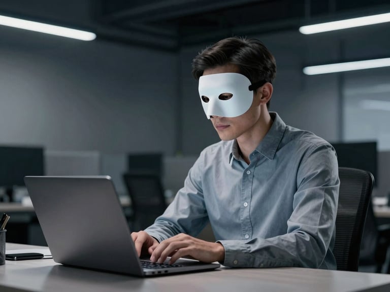 Professional in a modern open-plan office wearing a Silent Mask, focused on a laptop, subtle side-lighting, cool steel-grey tones, high-contrast. No visible screen content.