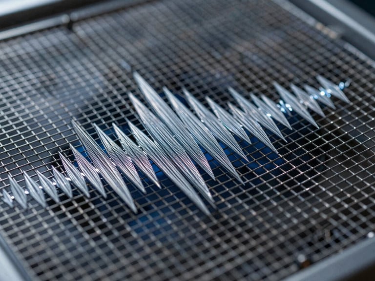 Macro photography of sound waves vibrating through a steel mesh, high-contrast technical schematic style, cool steel-grey lighting, sharp focus