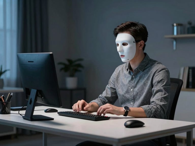 Remote professional in a clean, modern home office, wearing a Silent Mask, engaged in a video conference, cool lighting. No distracting background.