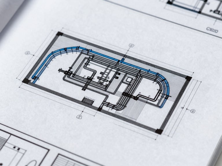 Crisp architectural CAD blueprint of HVAC and hydraulic systems on a screen, cool technical tones, sharp focus, 35mm.