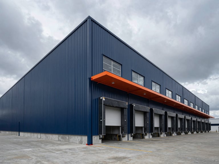 Low-angle architectural shot of a newly completed modern logistics park with clean steel panels, concrete loading docks, dramatic overcast daylight, wide-angle lens