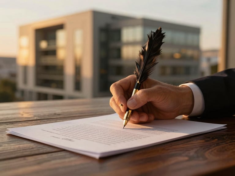 Primer plano de una mano firmando un documento legal con una pluma estilográfica sobre una mesa de madera oscura, con un anillo de oro discreto, iluminación cálida y enfocada.